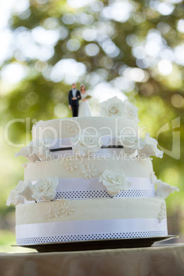 Figurine couple on wedding cake at park