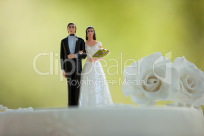 Close-up of figurine couple on wedding cake