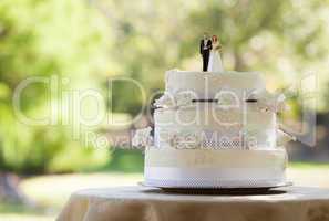 Close-up of figurine couple on wedding cake