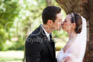 Romantic newlywed couple kissing in park