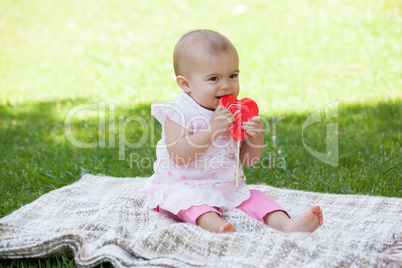 Cute baby sitting on blanket at park