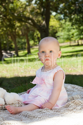 Cute baby sitting on blanket at park