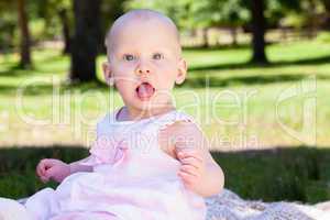 Cute baby sitting on blanket at park