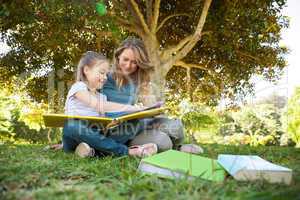 Happy mother and daughter reading a book at park