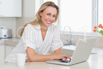 Happy woman using laptop at counter