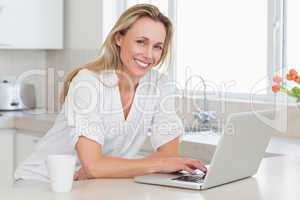 Happy woman using laptop at counter