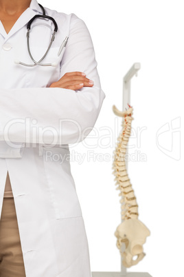 Mid section of a female doctor with skeleton model