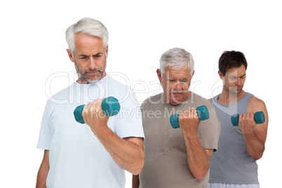 Three men exercising with dumbbells in row