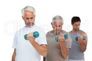 Three men exercising with dumbbells in row