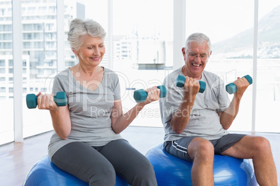 Happy senior couple sitting on fitness balls with dumbbells