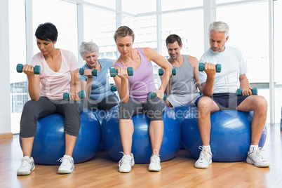 Fitness class with dumbbells sitting on exercise balls