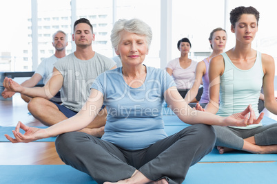 People in lotus pose with eyes closed at fitness studio