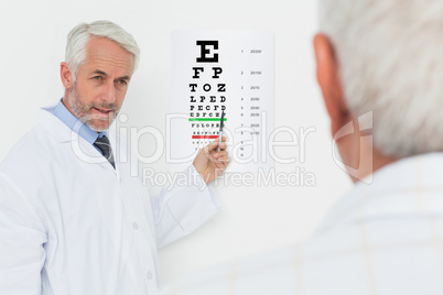 Pediatrician ophthalmologist with senior patient pointing at eye