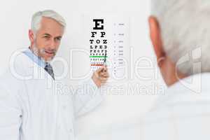 Pediatrician ophthalmologist with senior patient pointing at eye