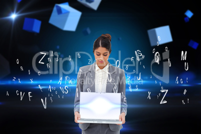 Businesswoman showing laptop with letters