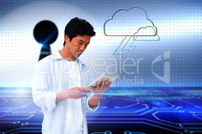 Casual man using tablet with cloud graphic