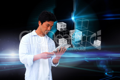 Casual man using tablet with interface