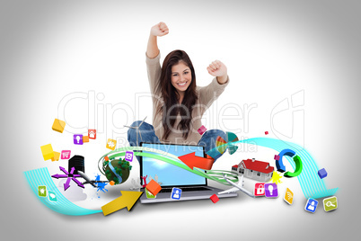 Cheering girl using laptop with app icons