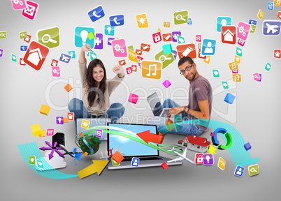 Cheering girl and casual man using laptop with app icons