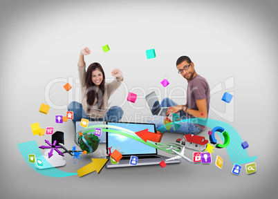 Cheering girl and casual man using laptop with app icons