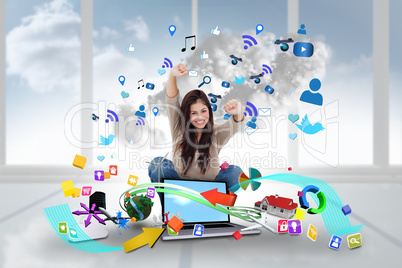 Cheering girl using laptop with app icons