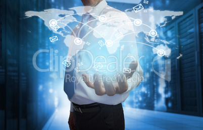 Businessman presenting map interface with email