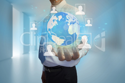 Businessman presenting earth with profile pictures