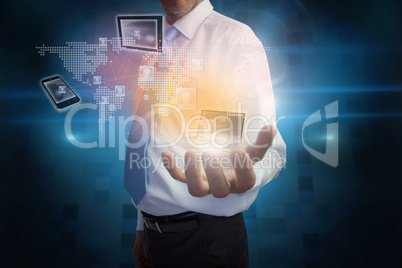Businessman presenting interface with connecting devices