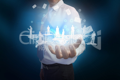 Businessman presenting map with email and human representations