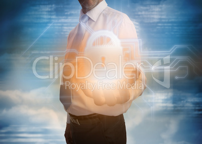 Businessman presenting lock graphic