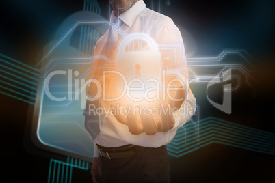 Businessman presenting lock graphic