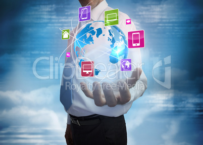 Businessman presenting app icons with earth