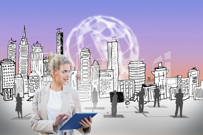 Blonde businesswoman using tablet pc with cityscape Blonde businesswoman using tablet pc with cityscape