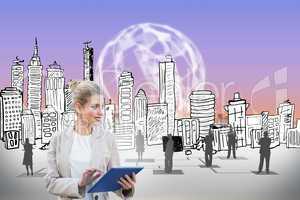 Blonde businesswoman using tablet pc with cityscape