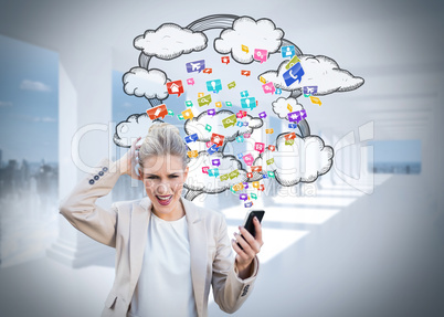 Angry businesswoman holding smartphone with cloud computing grap