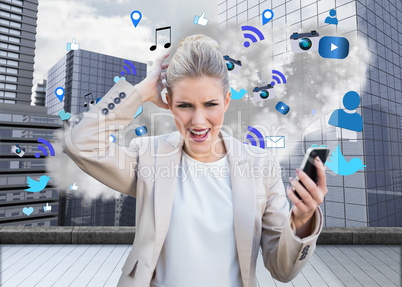 Angry businesswoman holding smartphone with cloud computing grap