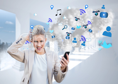 Angry businesswoman holding smartphone with cloud computing grap