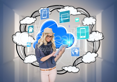 Stylish blonde using tablet pc with app icons and cloud