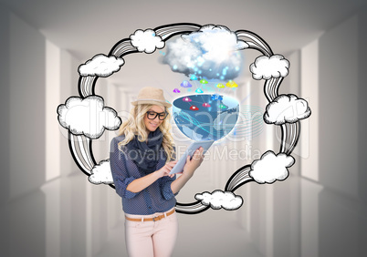 Stylish blonde using tablet pc with app icons and cloud