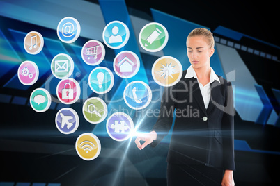 Blonde businesswoman touching app icon interface