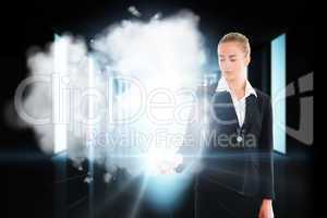 Blonde businesswoman touching light