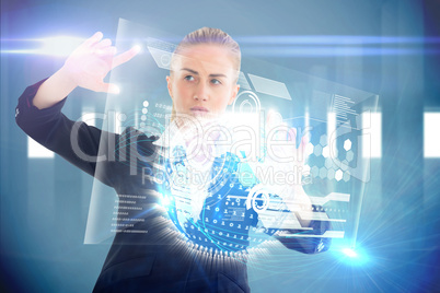 Blonde businesswoman touching interface with earth