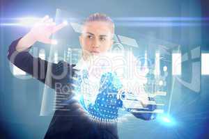 Blonde businesswoman touching interface with earth