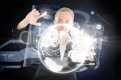 Blonde businesswoman touching interface with earth