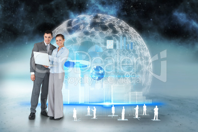 Happy business team using laptop with interface and human repres