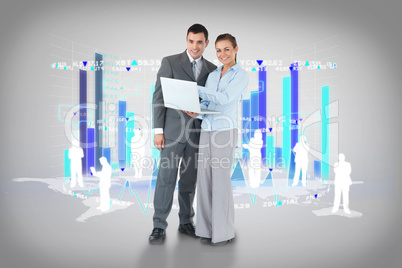 Happy business team using laptop with bar chart and human repese