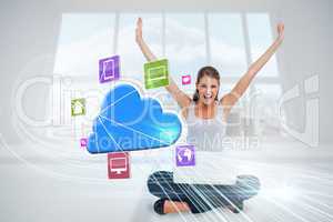 Cheering blonde using laptop with app icons and cloud