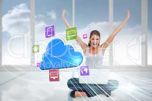 Cheering blonde using laptop with app icons and cloud