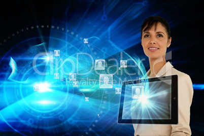 Businesswoman with profile icons and tablet