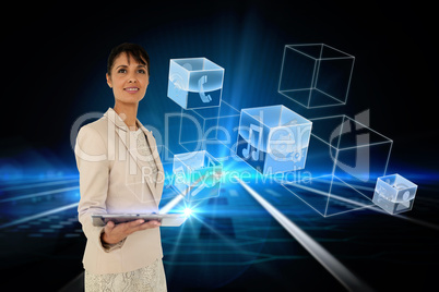 Businesswoman holding tablet with app interface
